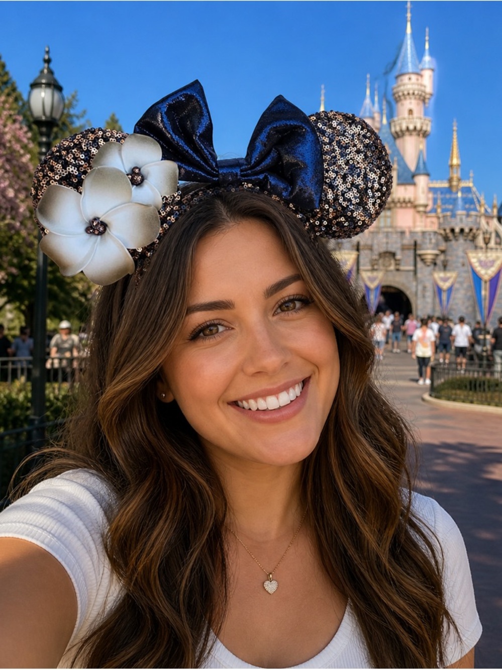 Shanghai Disney Resort Brown and Cream Plumeria Sequin Minnie Ears NWT